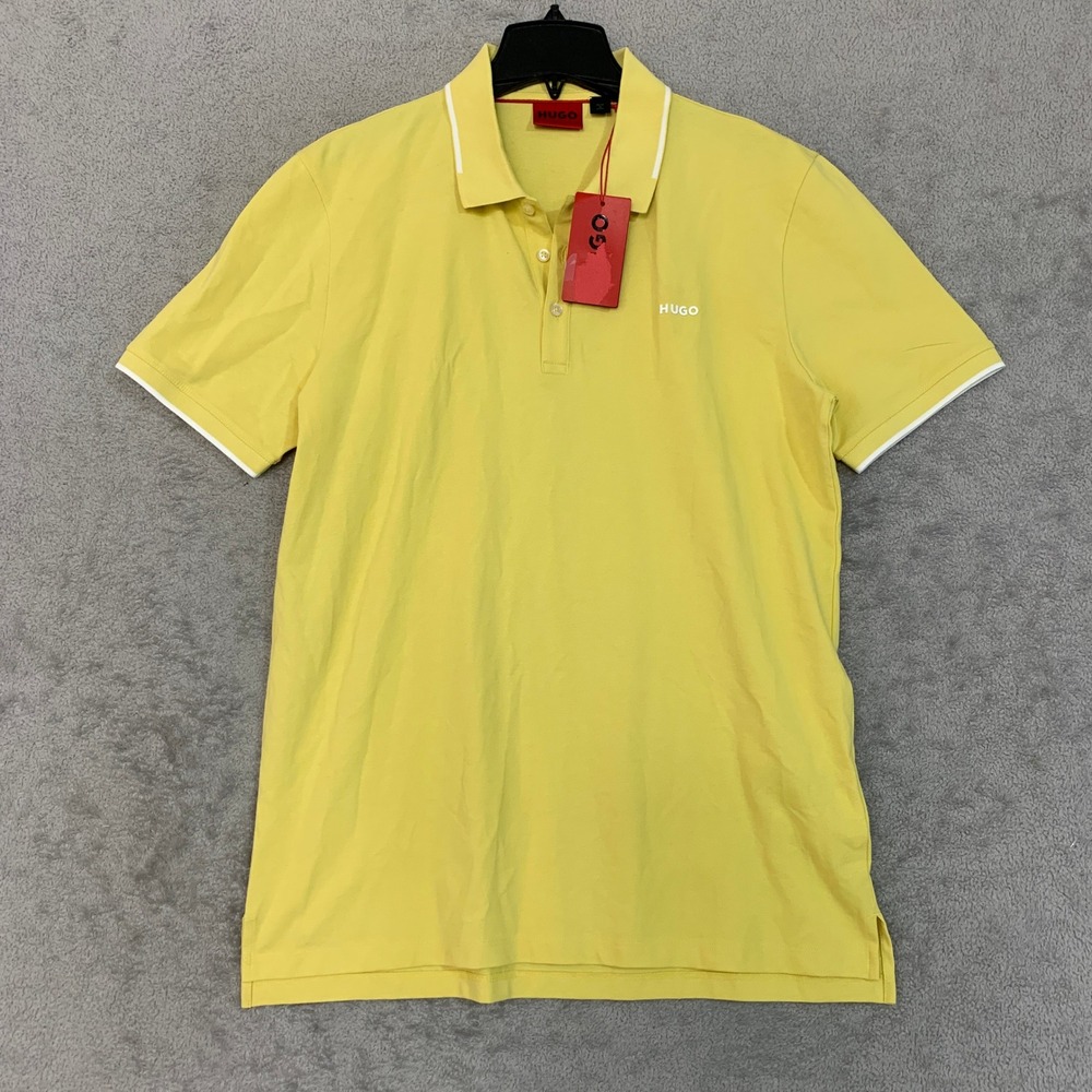 NWT HUGO Polo Shirt Men's XL Yellow Cotton Elastane Slim Fit Tipped Logo